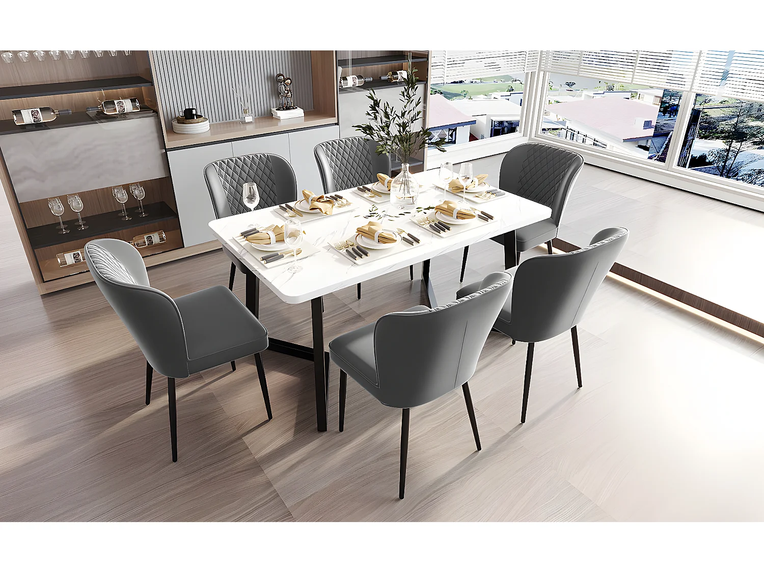 Set van 6 fluwelen eetkamerstoelen - metalen poten - grijs