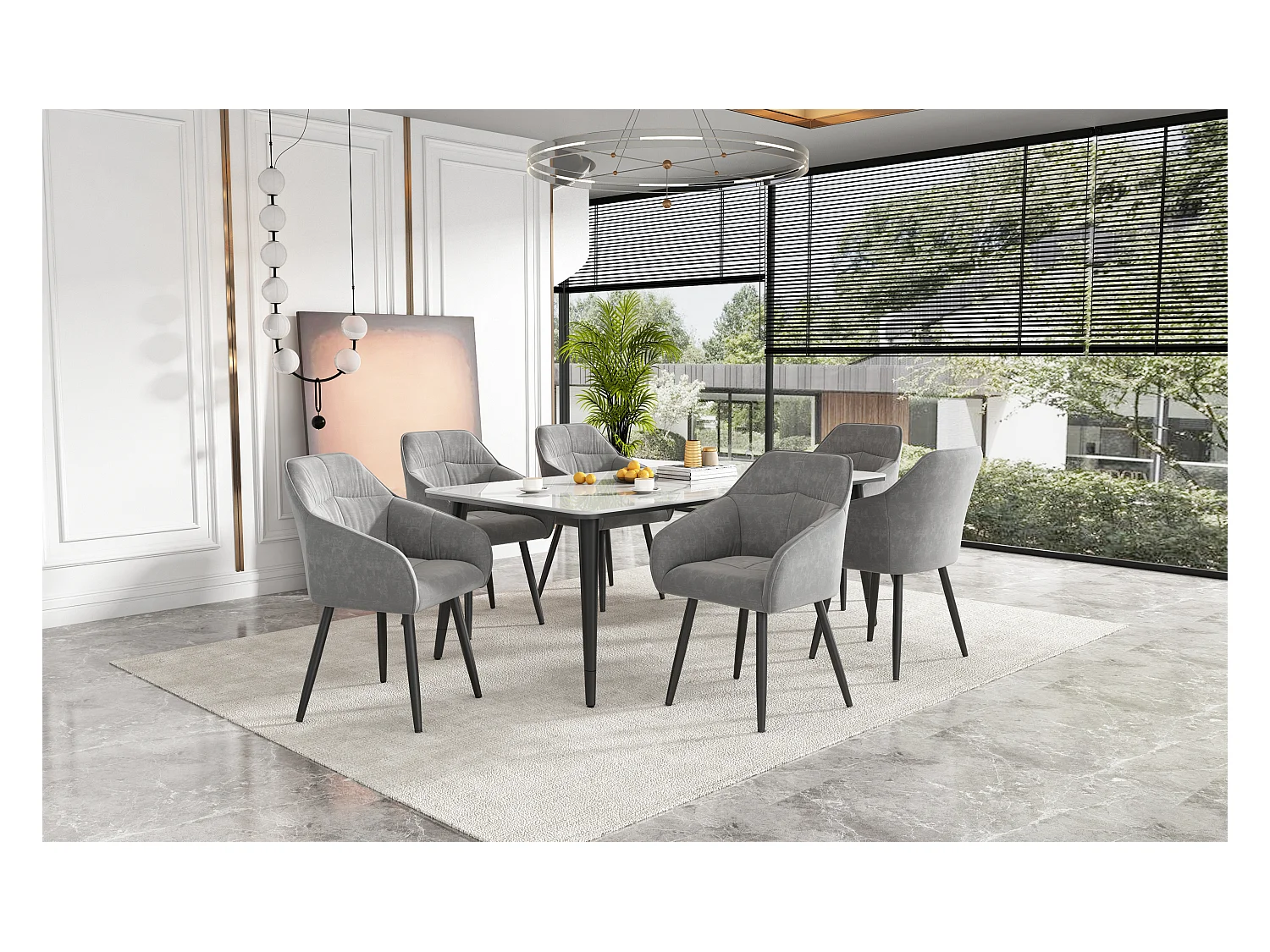 Set van 6 fluwelen eetkamerstoelen - armleuningen + metalen poten - grijs