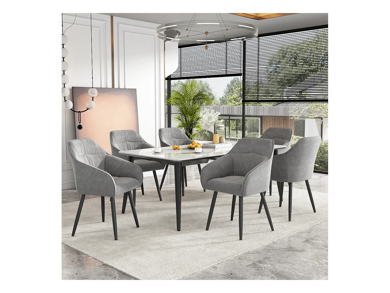 Set van 6 fluwelen eetkamerstoelen - armleuningen + metalen poten - grijs
