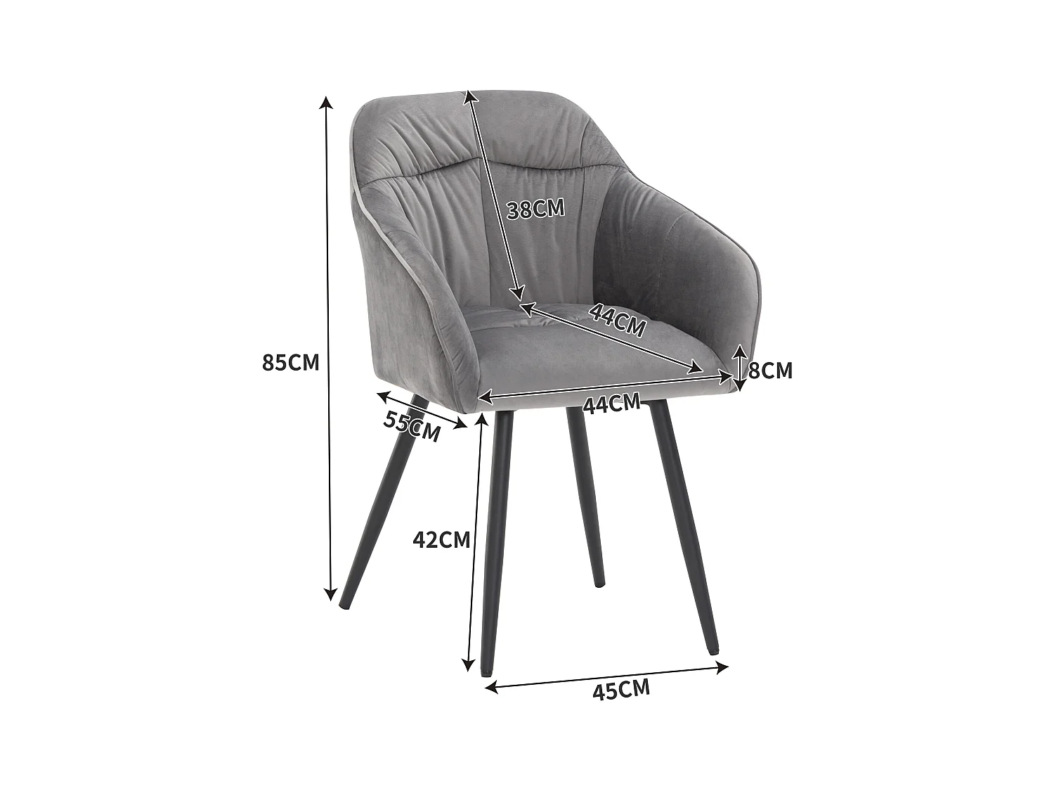 Lot de 6 chaises de salle à manger en velours - accoudoirs + pièds en métal - gris