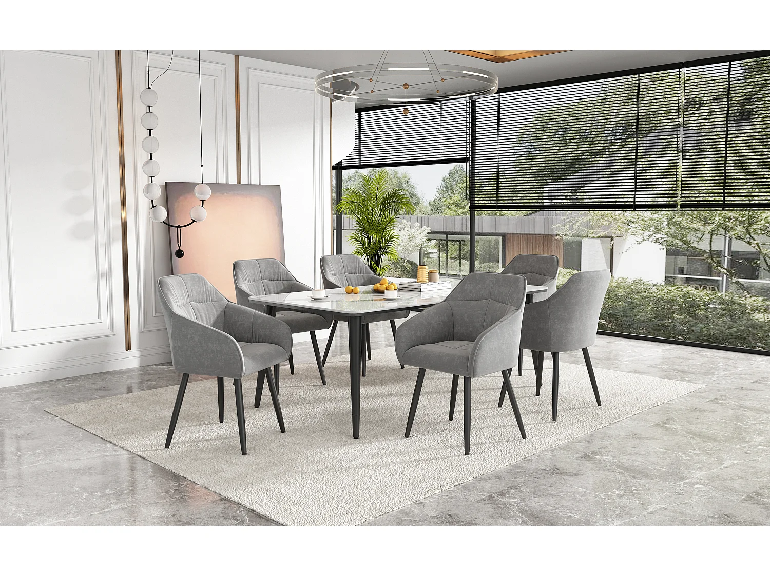 Set mit 6 Esszimmerstühlen aus Samt – Armlehnen + Metallbeine – Grau