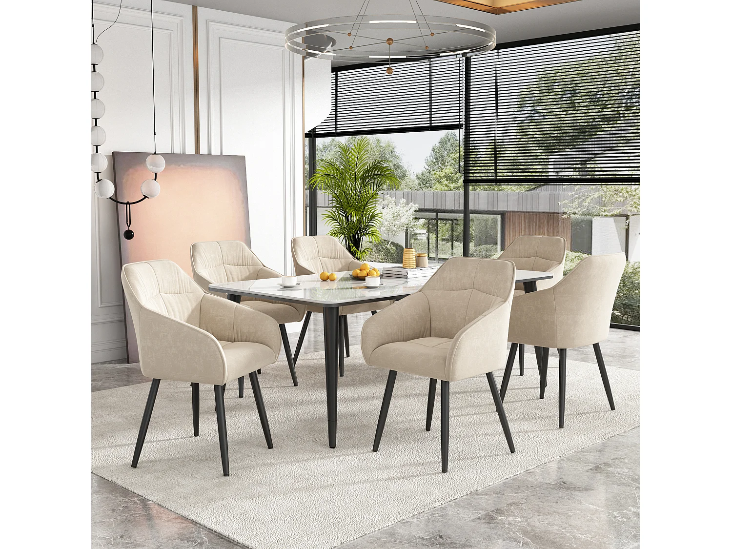 Set van 6 fluwelen eetkamerstoelen - armleuningen + metalen poten - beige