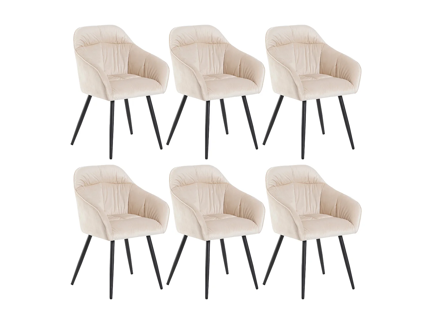 Set van 6 fluwelen eetkamerstoelen - armleuningen + metalen poten - beige