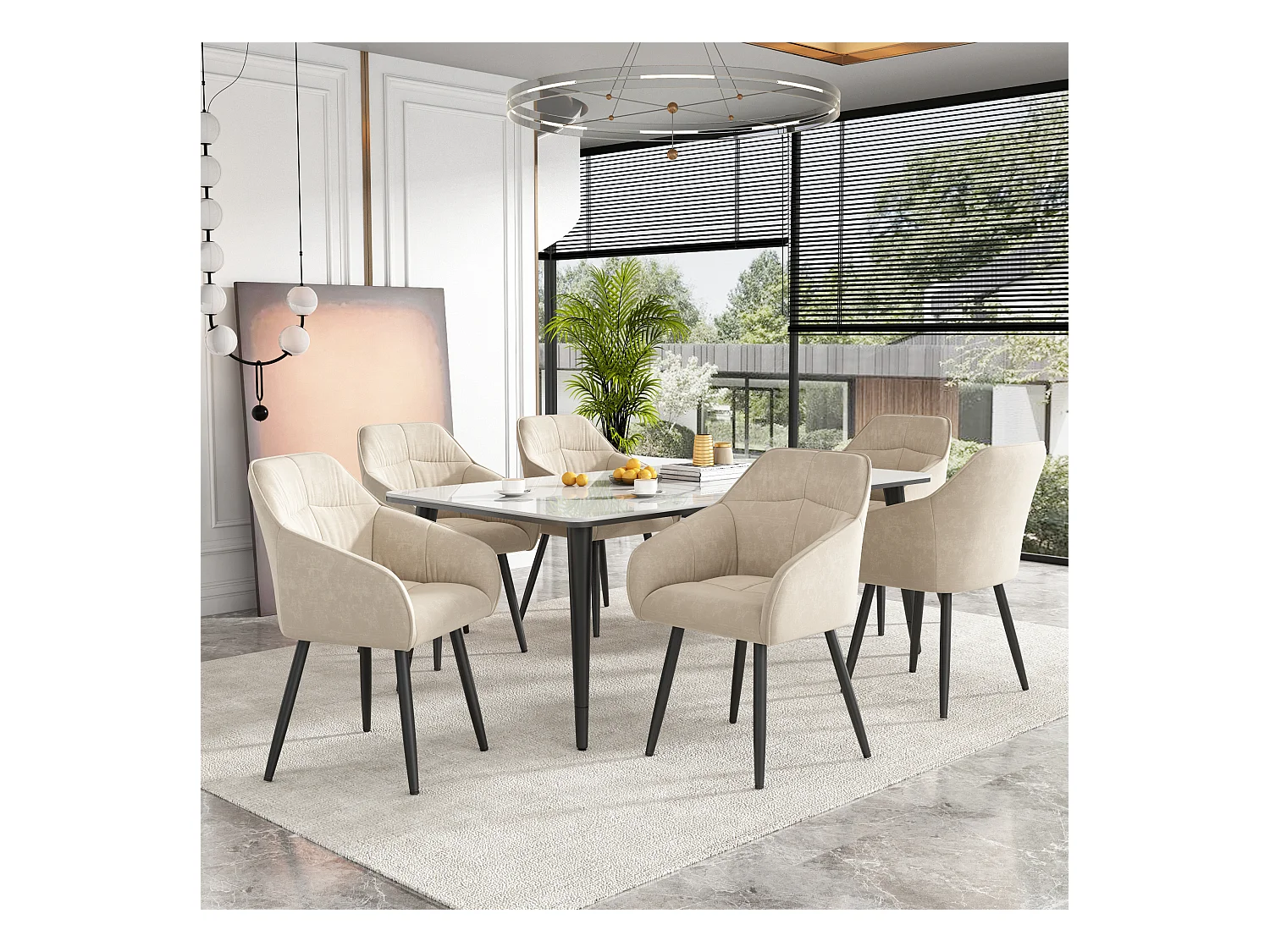 Lot de 6 chaises de salle à manger en velours - accoudoirs + pièds en métal - beige