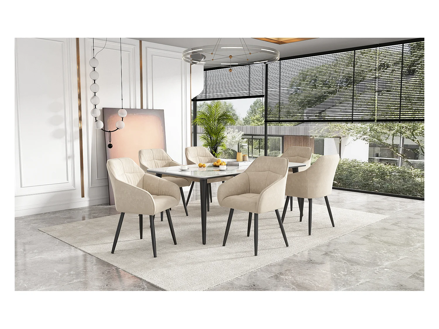 Lot de 6 chaises de salle à manger en velours - accoudoirs + pièds en métal - beige