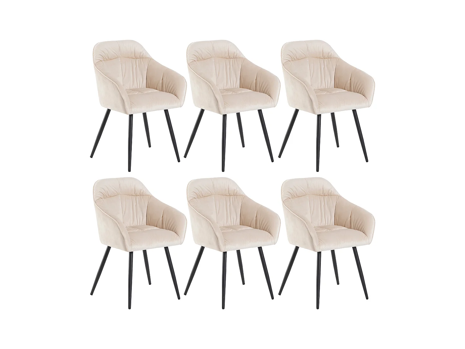 Lot de 6 chaises de salle à manger en velours - accoudoirs + pièds en métal - beige