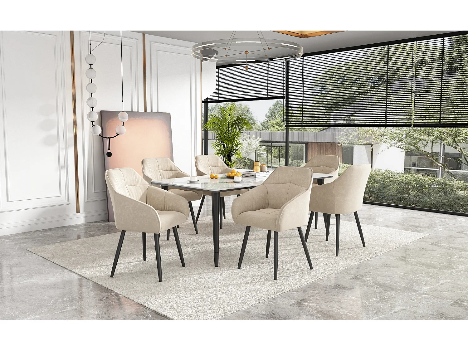 Lot de 6 chaises de salle à manger en velours - accoudoirs + pièds en métal - beige