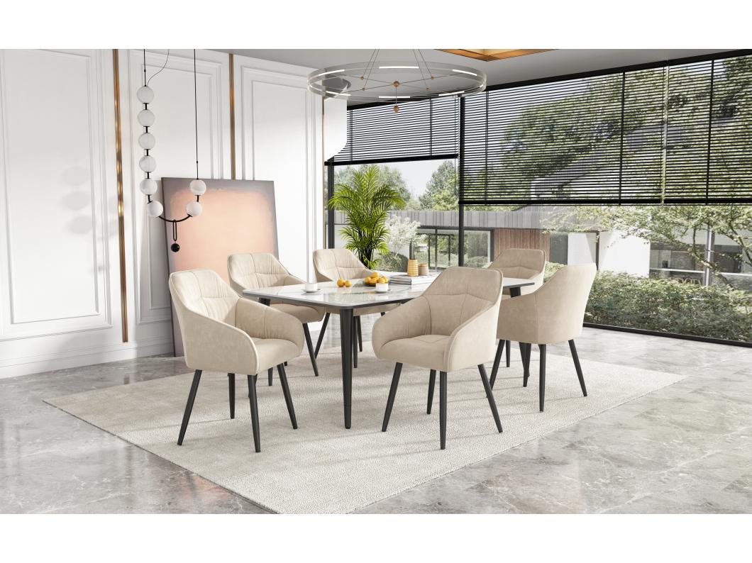 Set di 6 sedie per sala da pranzo in velluto - braccioli + gambe in metallo - beige