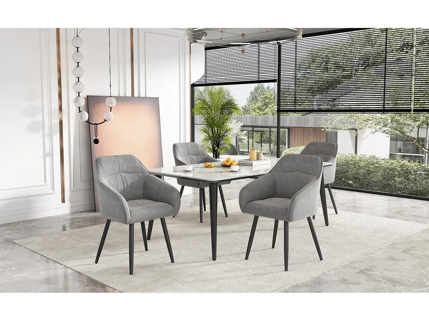 Set van 4 fluwelen eetkamerstoelen - armleuningen + metalen poten - grijs