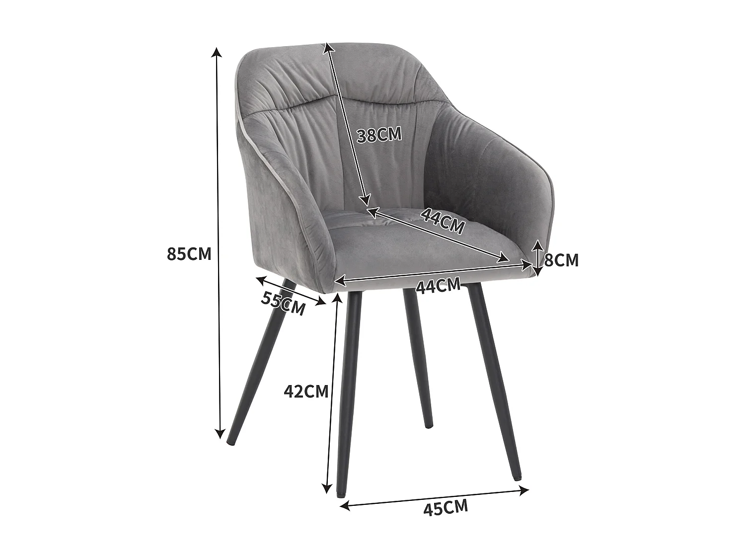 Set van 4 fluwelen eetkamerstoelen - armleuningen + metalen poten - grijs