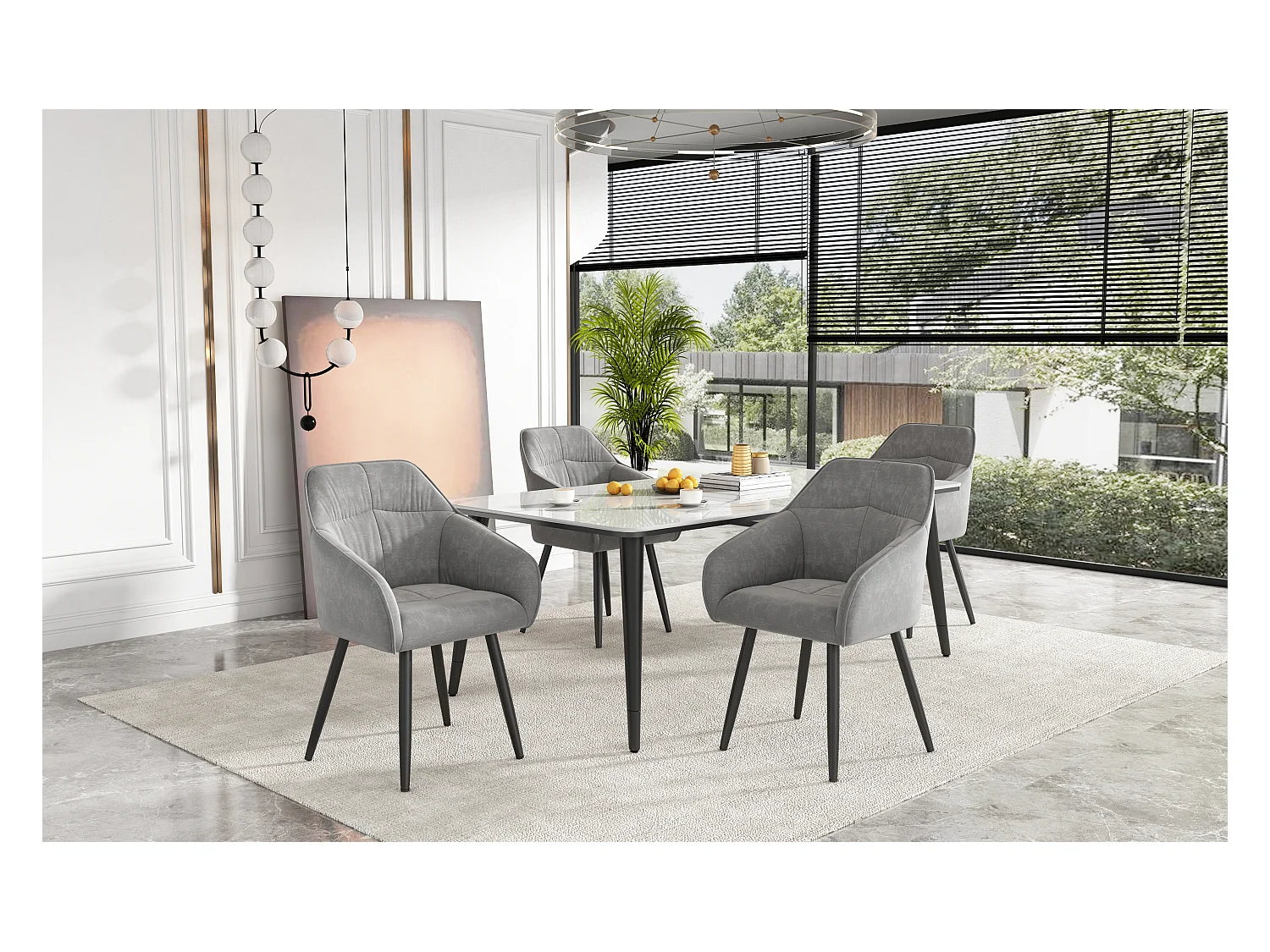 Set van 4 fluwelen eetkamerstoelen - armleuningen + metalen poten - grijs