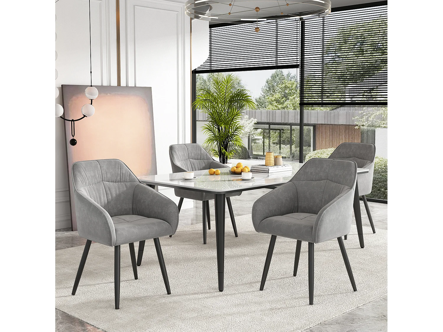 Lot de 4 chaises de salle à manger en velours - accoudoirs + pièds en métal - gris
