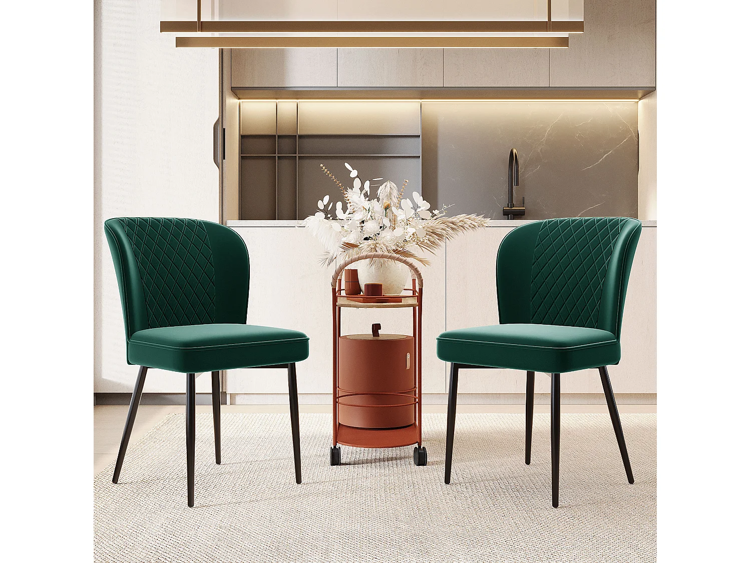 Conjunto de 2 cadeiras de sala de jantar em veludo - pernas de metal - verde