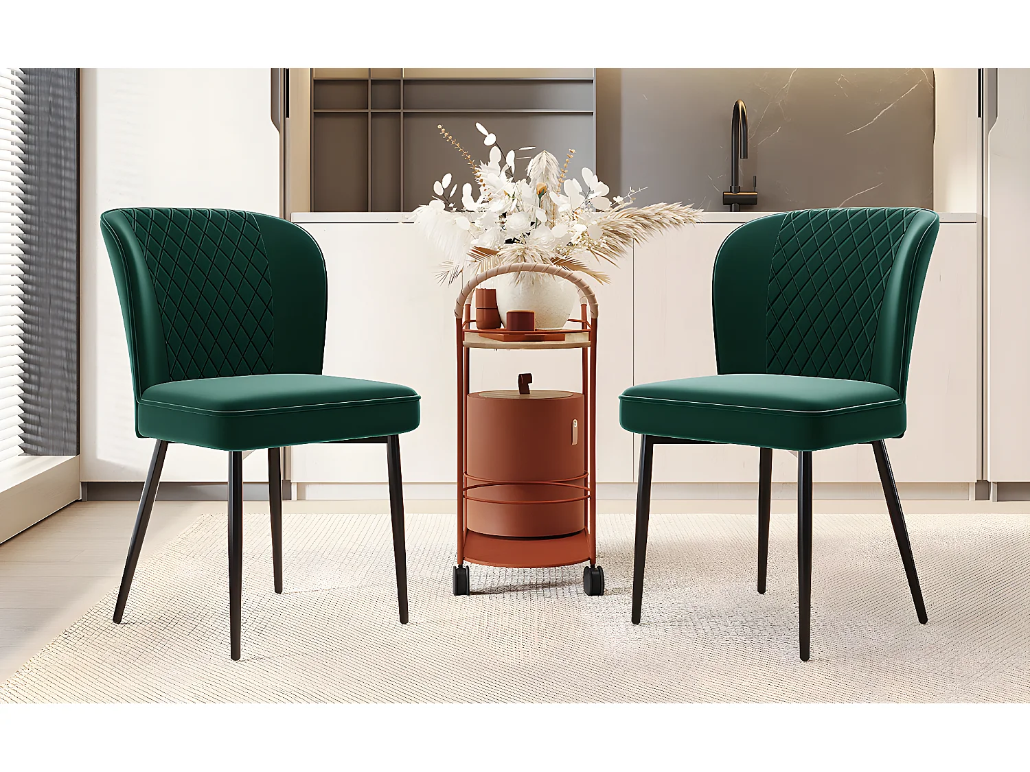 Conjunto de 2 cadeiras de sala de jantar em veludo - pernas de metal - verde