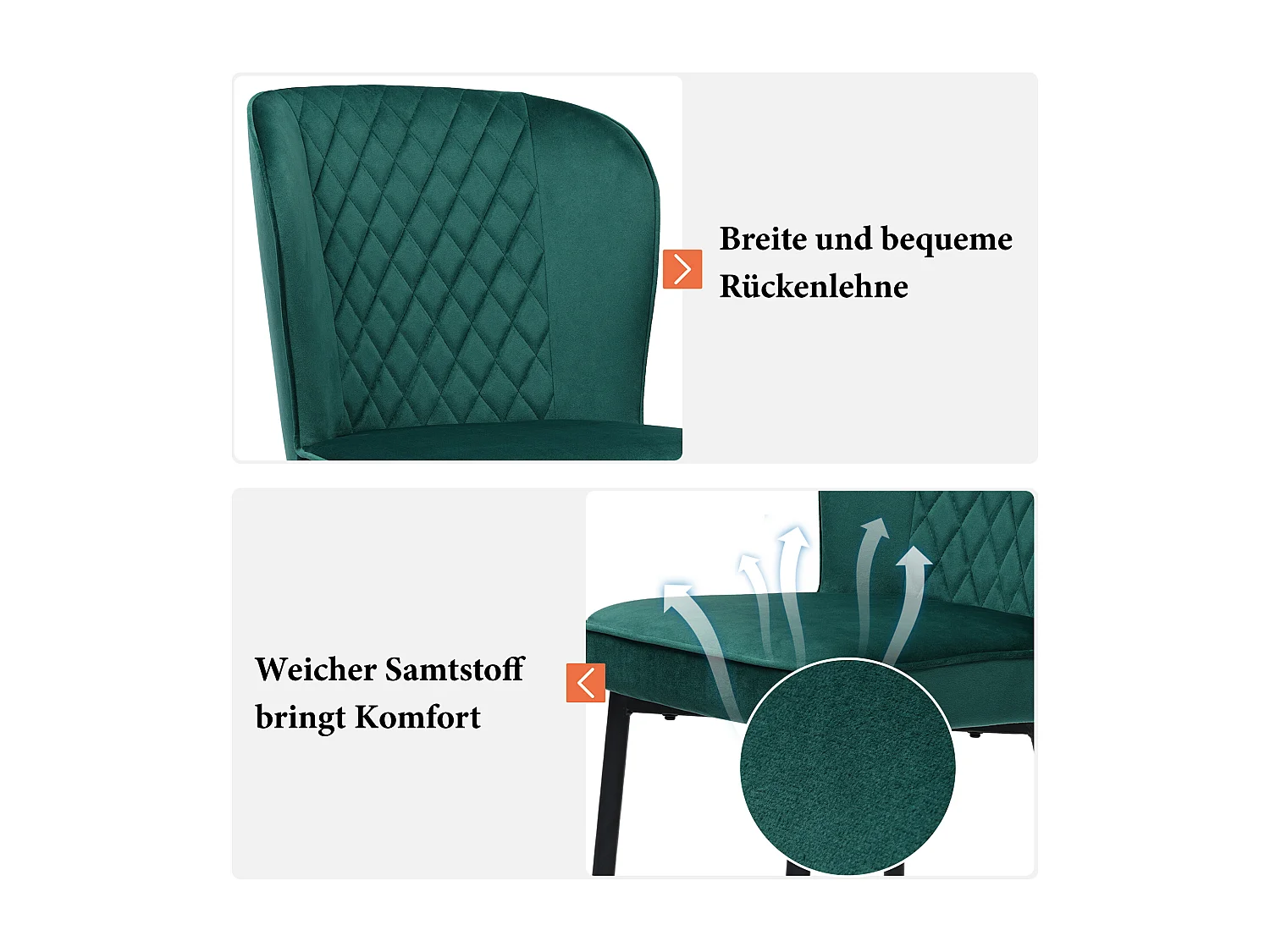 Lot de 2 chaises de salle à manger en velours - pièds en métal - vert