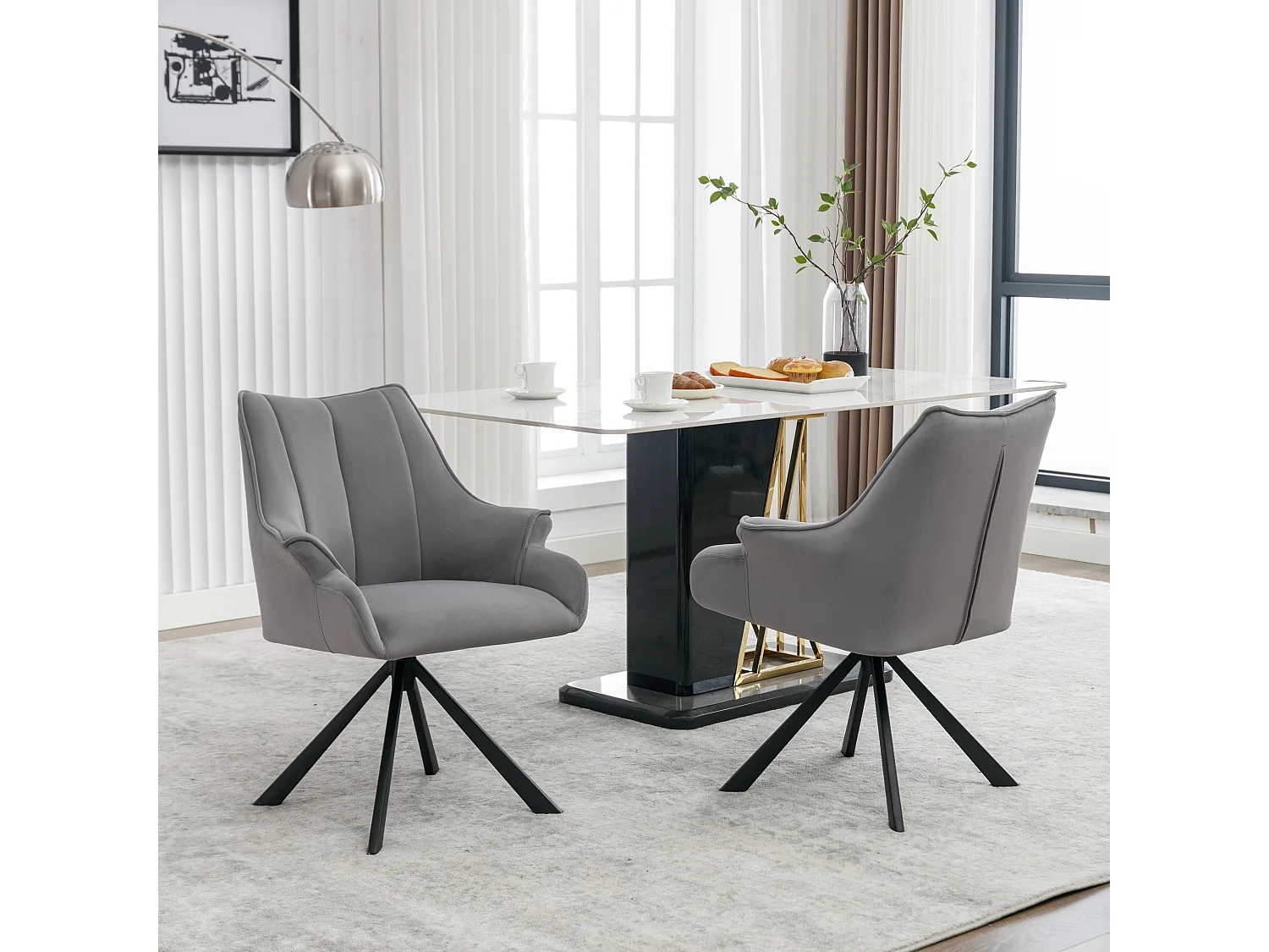 Lot de 2 chaises de salle à manger moderne en velours - pivoter à 360° - pieds en métal - gris