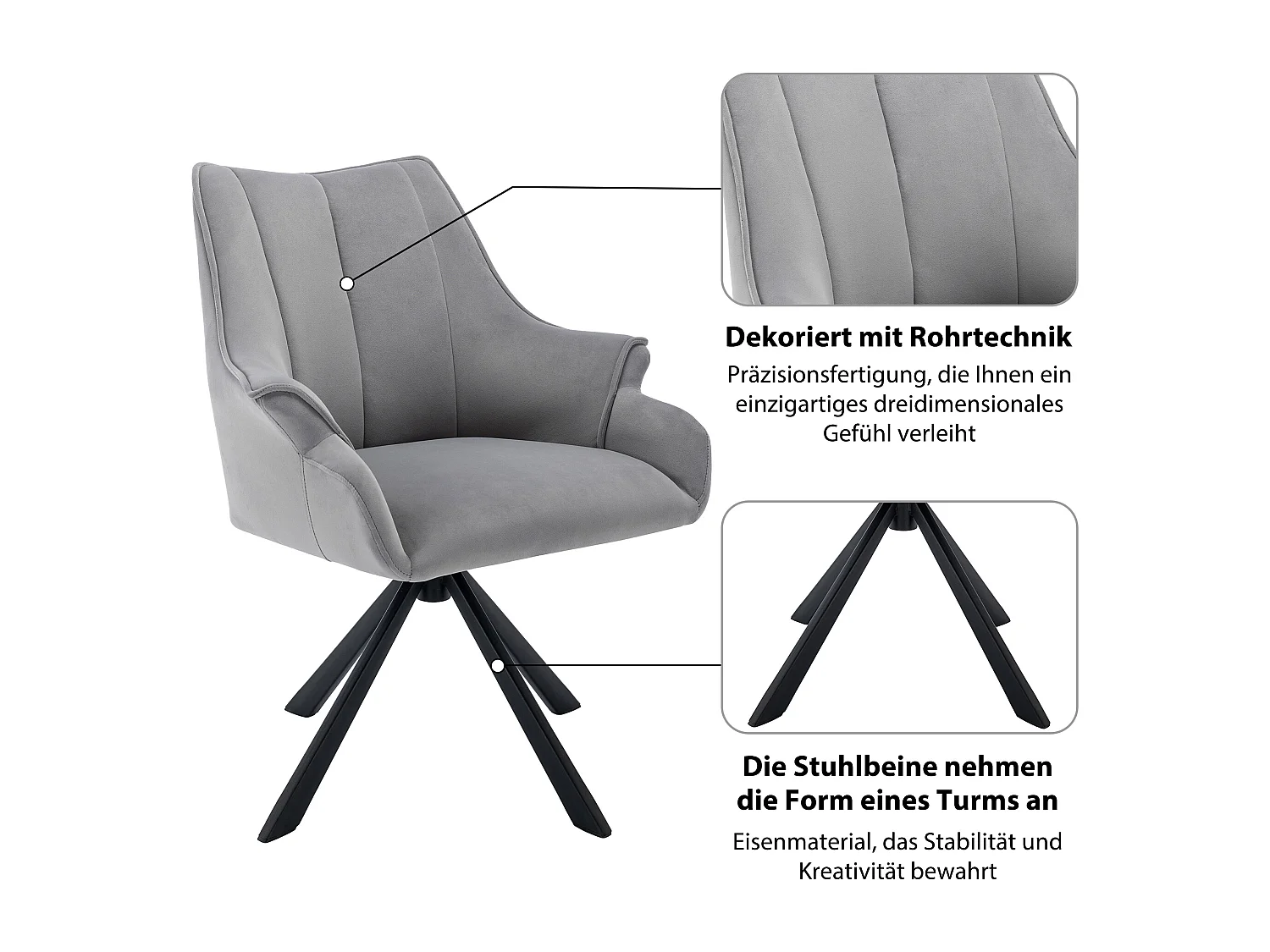 Lot de 2 chaises de salle à manger moderne en velours - pivoter à 360° - pieds en métal - gris
