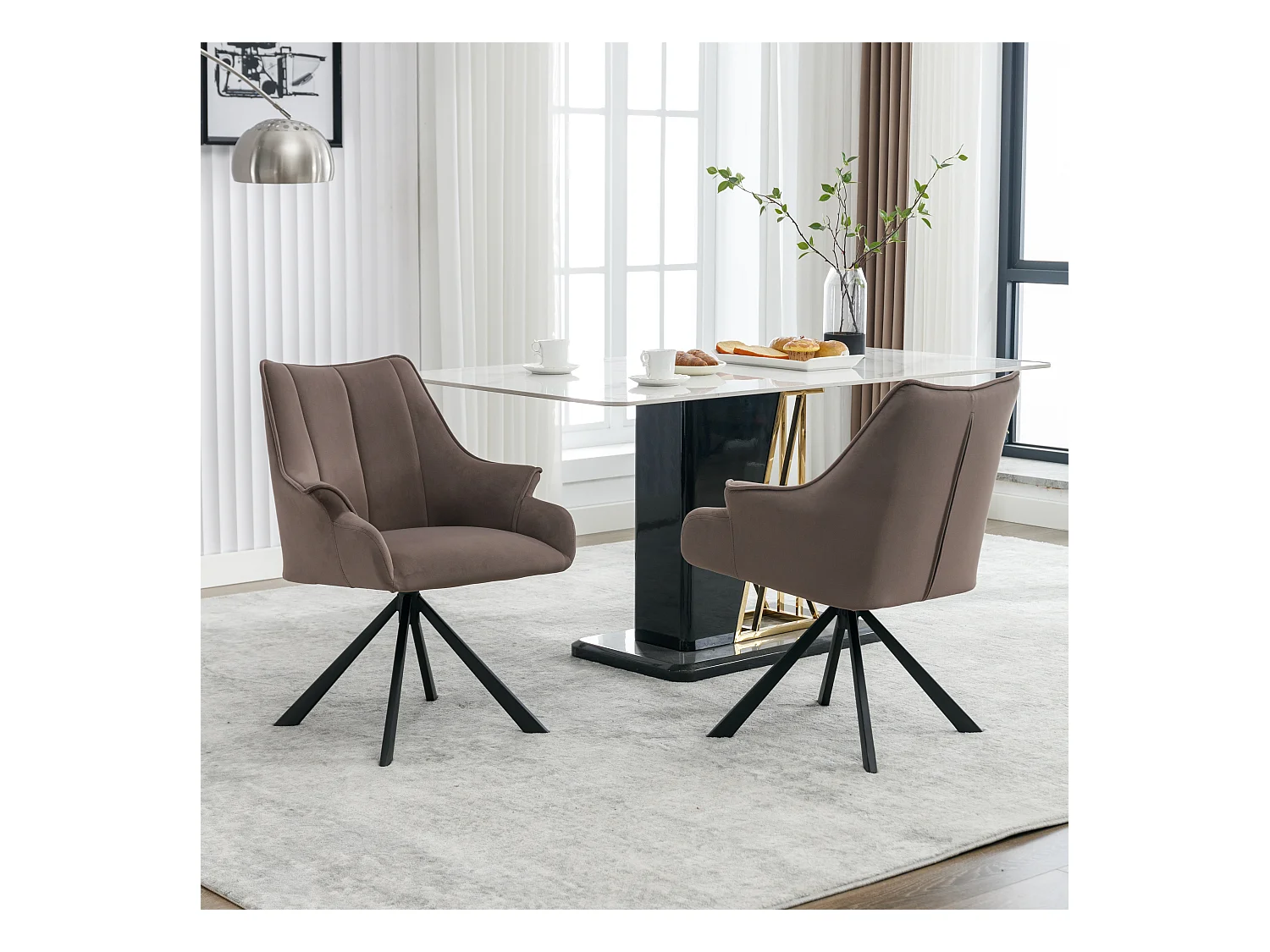 Lot de 2 chaises de salle à manger en velours - pivoter à 360° - pieds en métal - couleur café