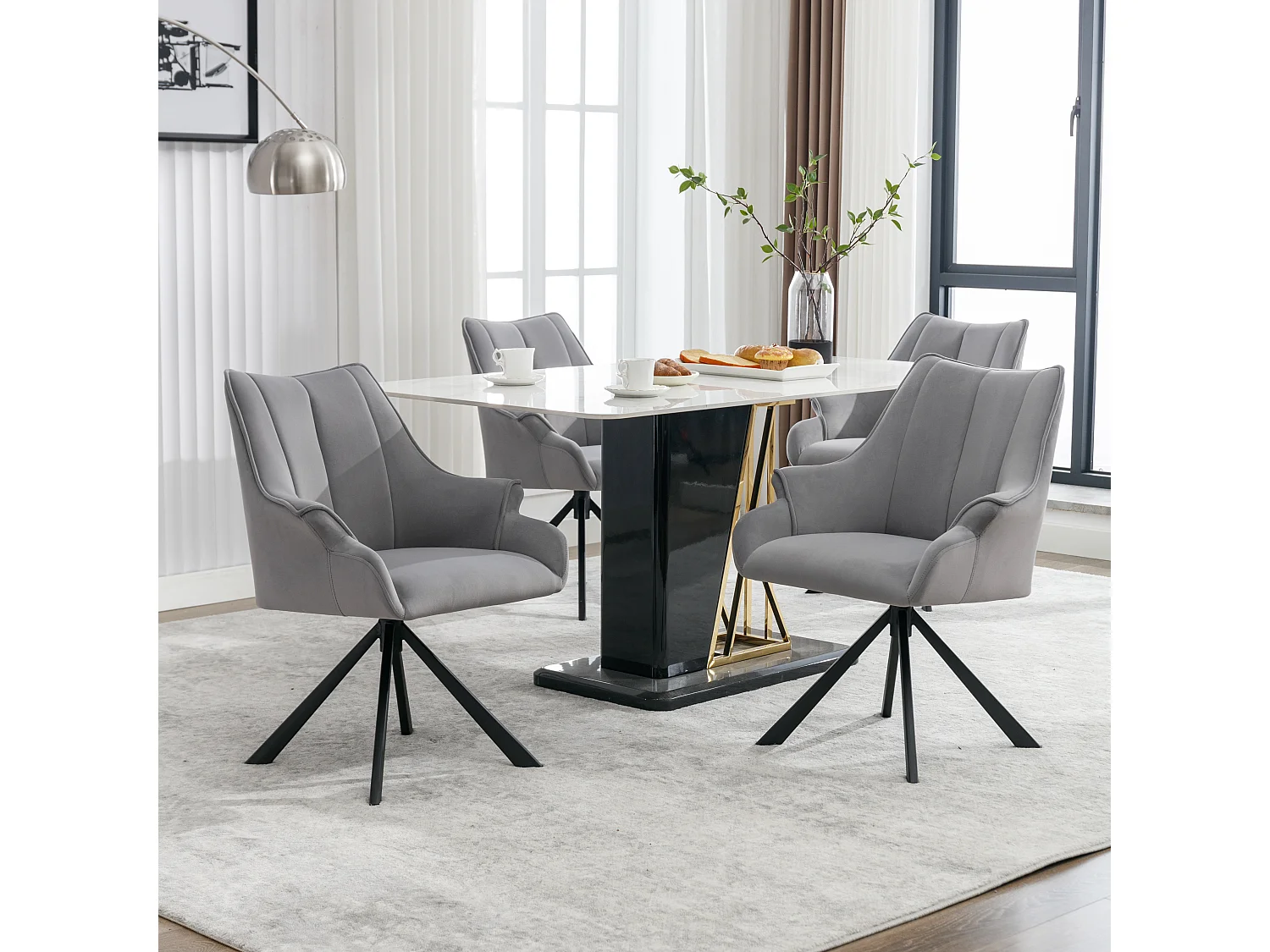 Lot de 4 chaises de salle à manger moderne en velours - pivoter à 360° - pieds en métal - gris