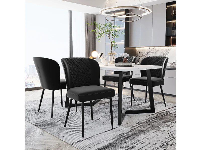 Juego de 4 sillas de comedor de terciopelo - patas de metal - negro