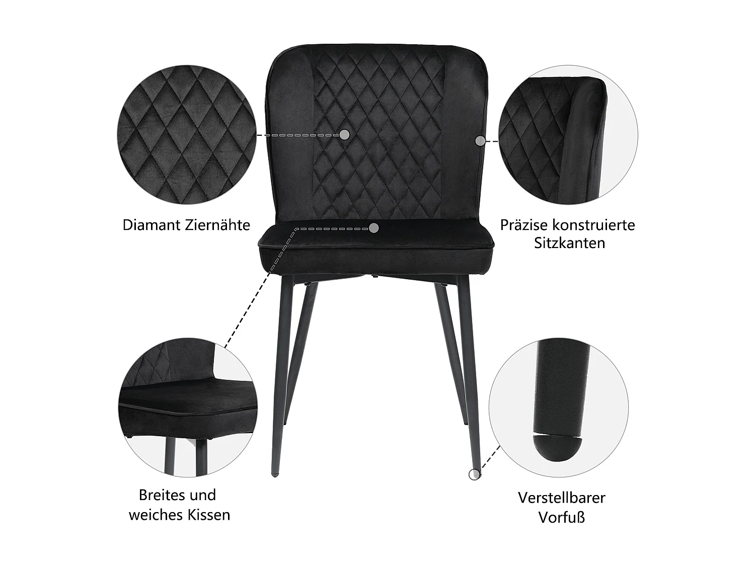 Juego de 4 sillas de comedor de terciopelo - patas de metal - negro