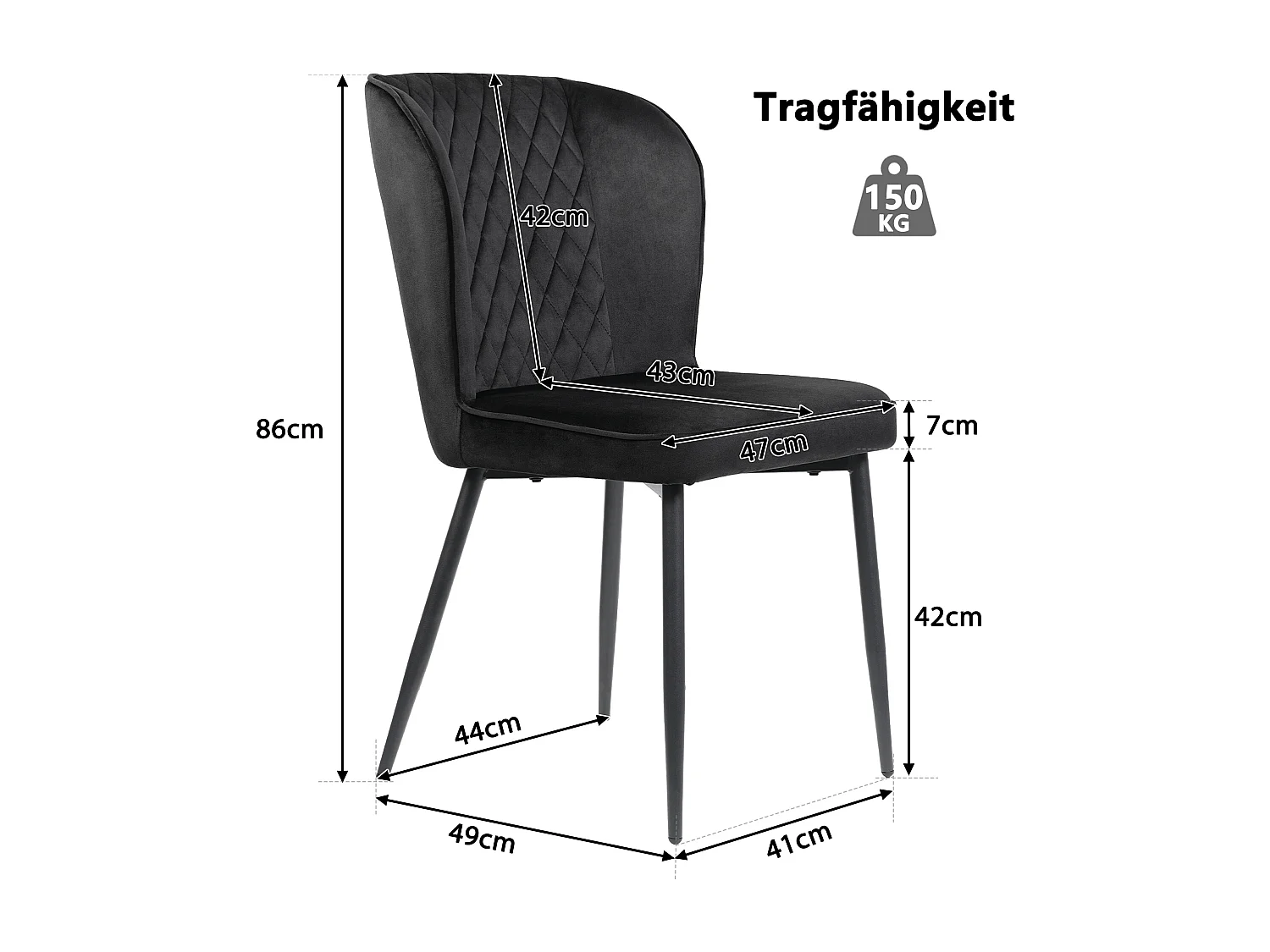 Set van 4 fluwelen eetkamerstoelen - metalen poten - zwart