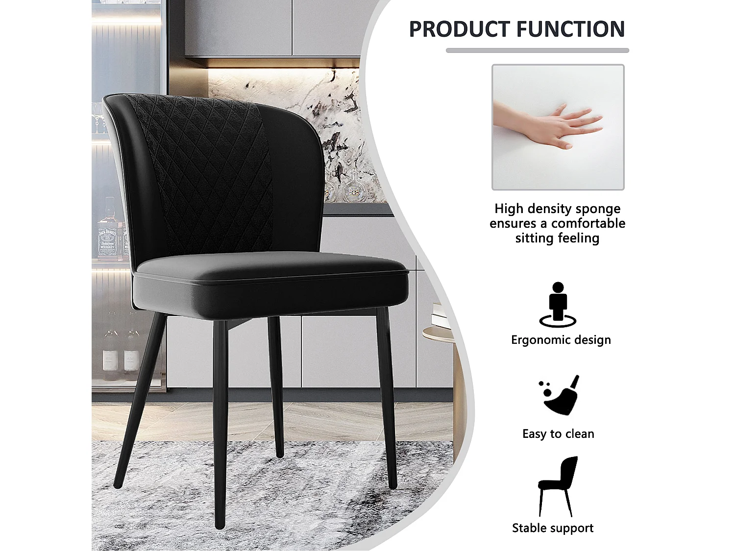 Set van 4 fluwelen eetkamerstoelen - metalen poten - zwart