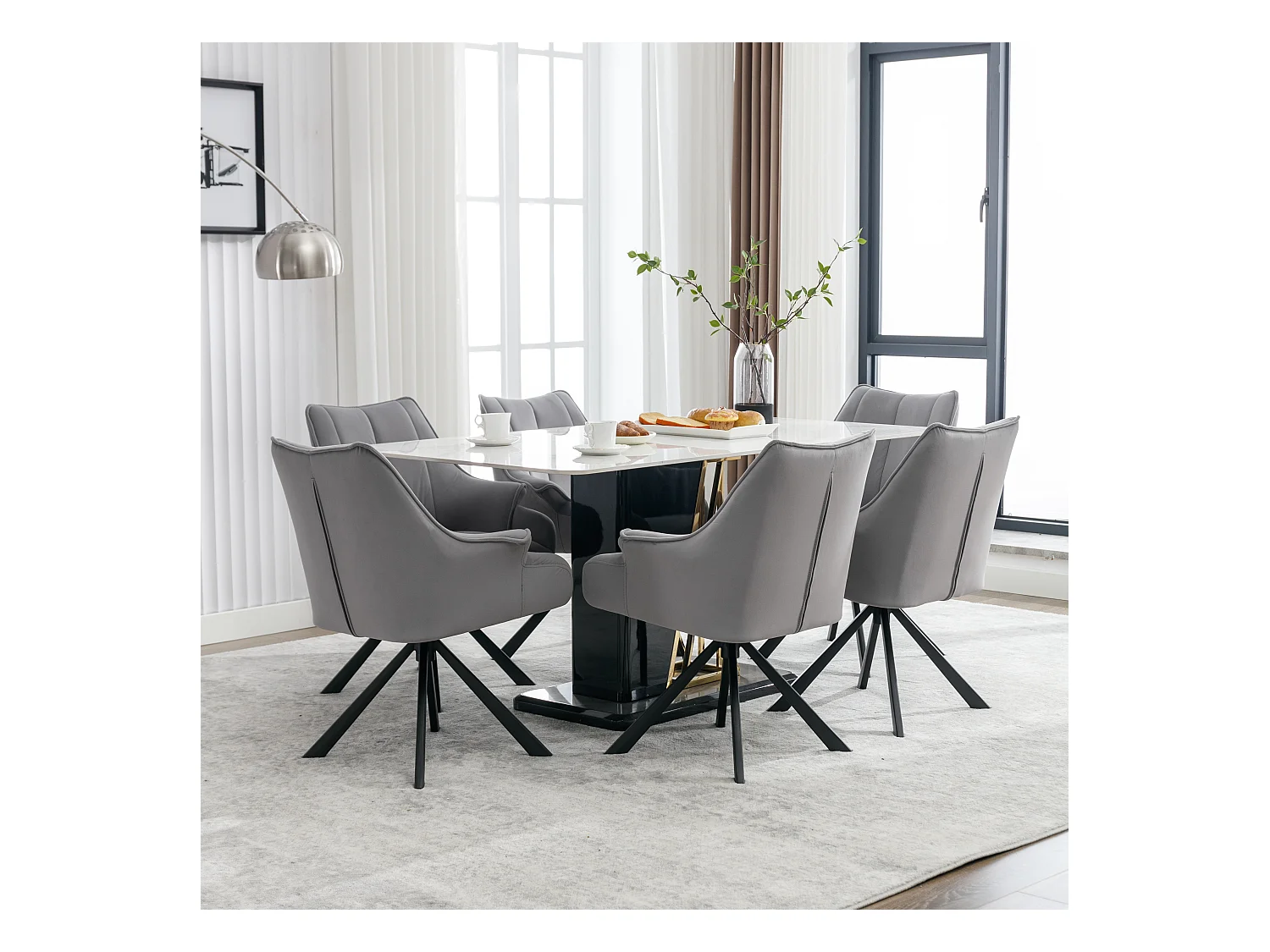 Set aus 6 modernen Samt-Esszimmerstühlen – 360° drehbar – Metallbeine – Grau