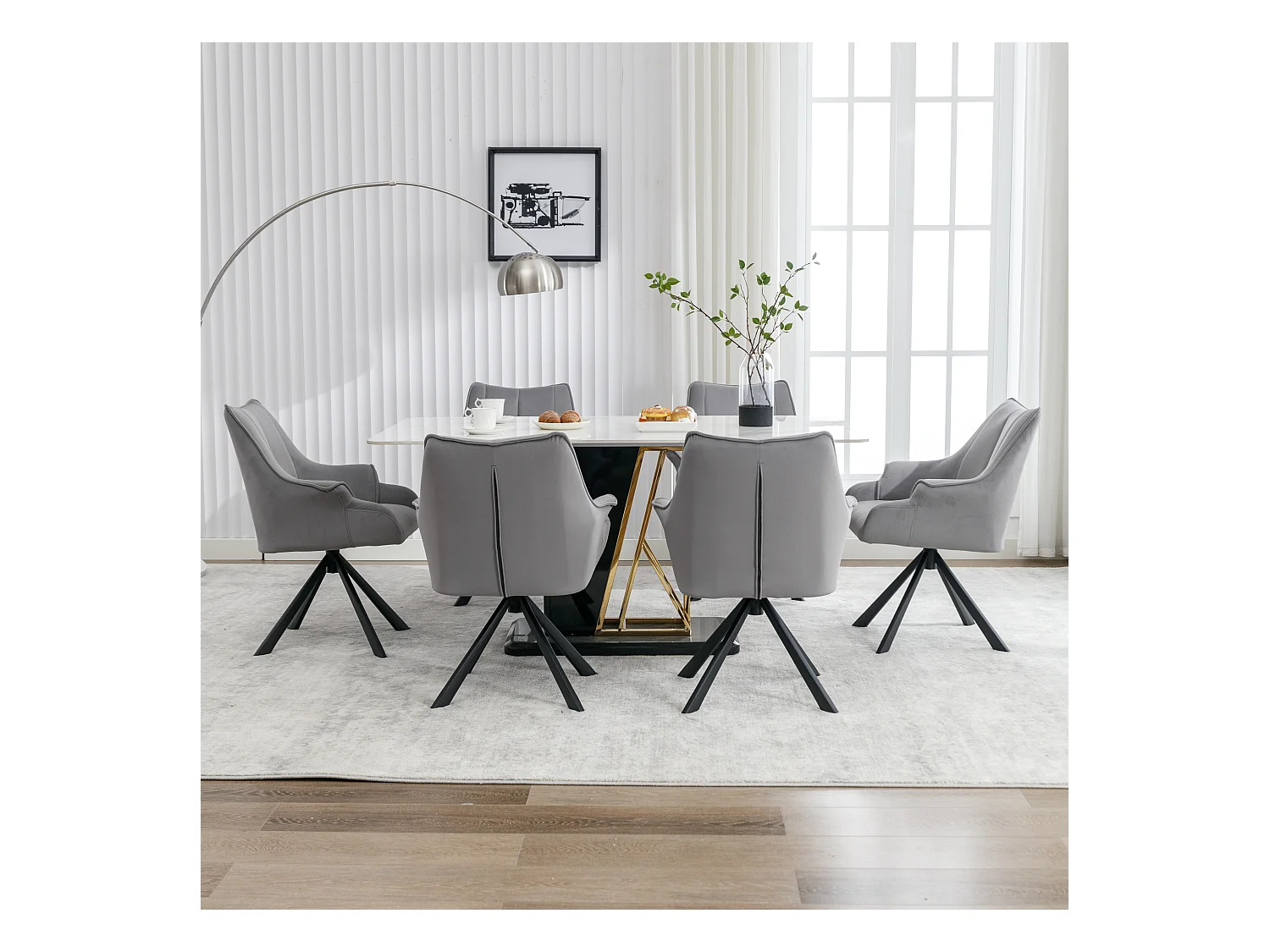 Set aus 6 modernen Samt-Esszimmerstühlen – 360° drehbar – Metallbeine – Grau