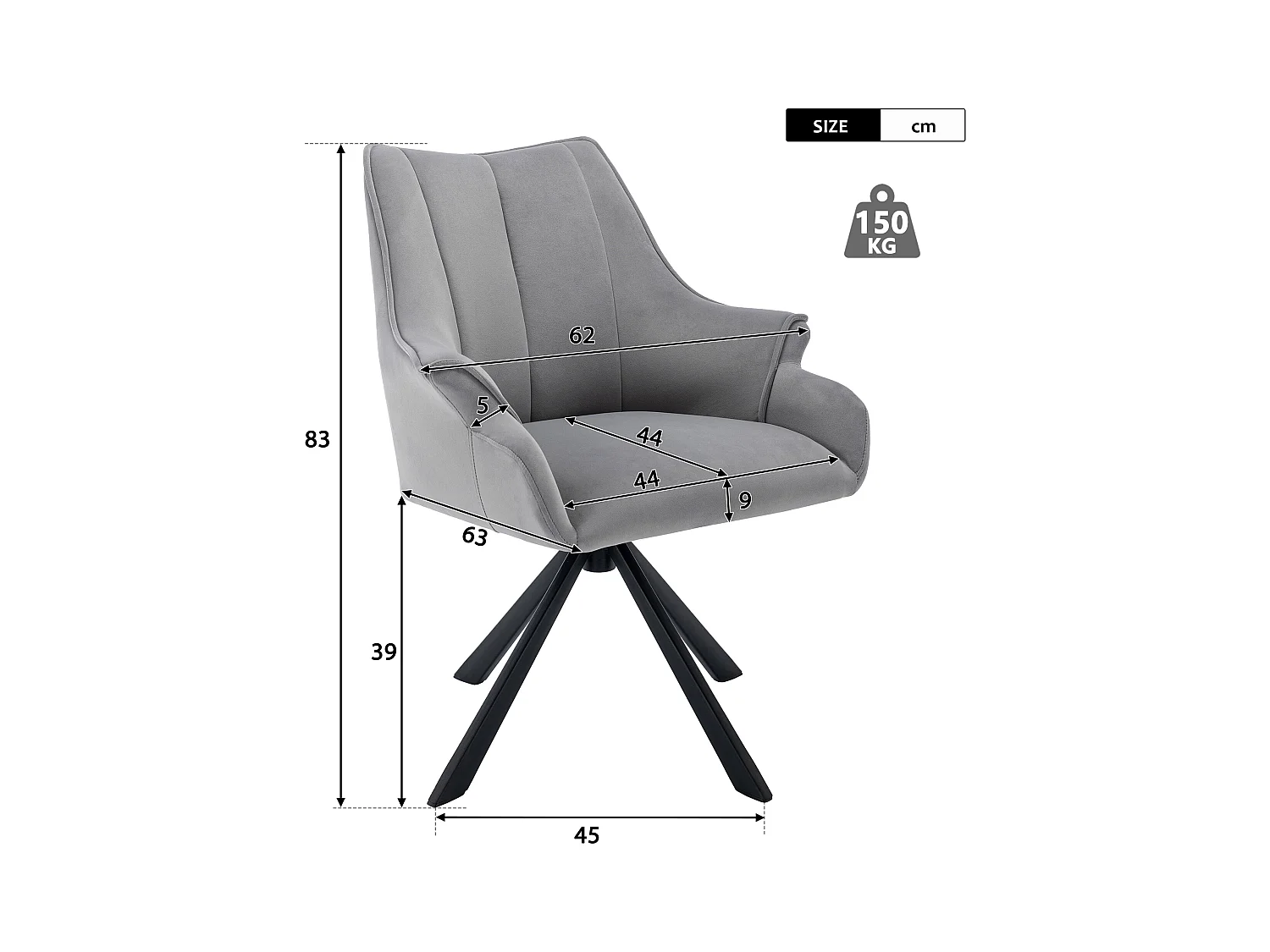 Set aus 6 modernen Samt-Esszimmerstühlen – 360° drehbar – Metallbeine – Grau