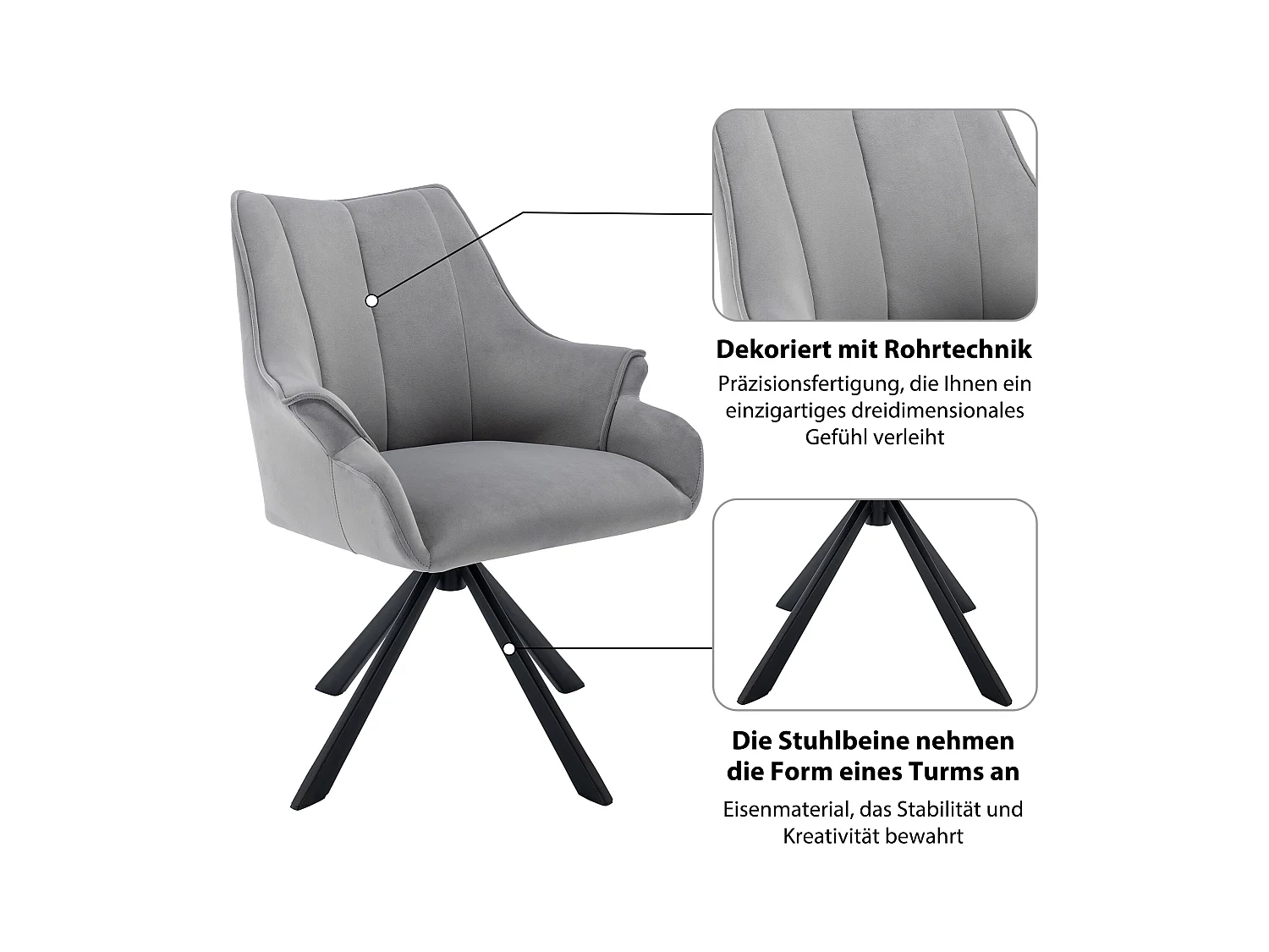 Set aus 6 modernen Samt-Esszimmerstühlen – 360° drehbar – Metallbeine – Grau
