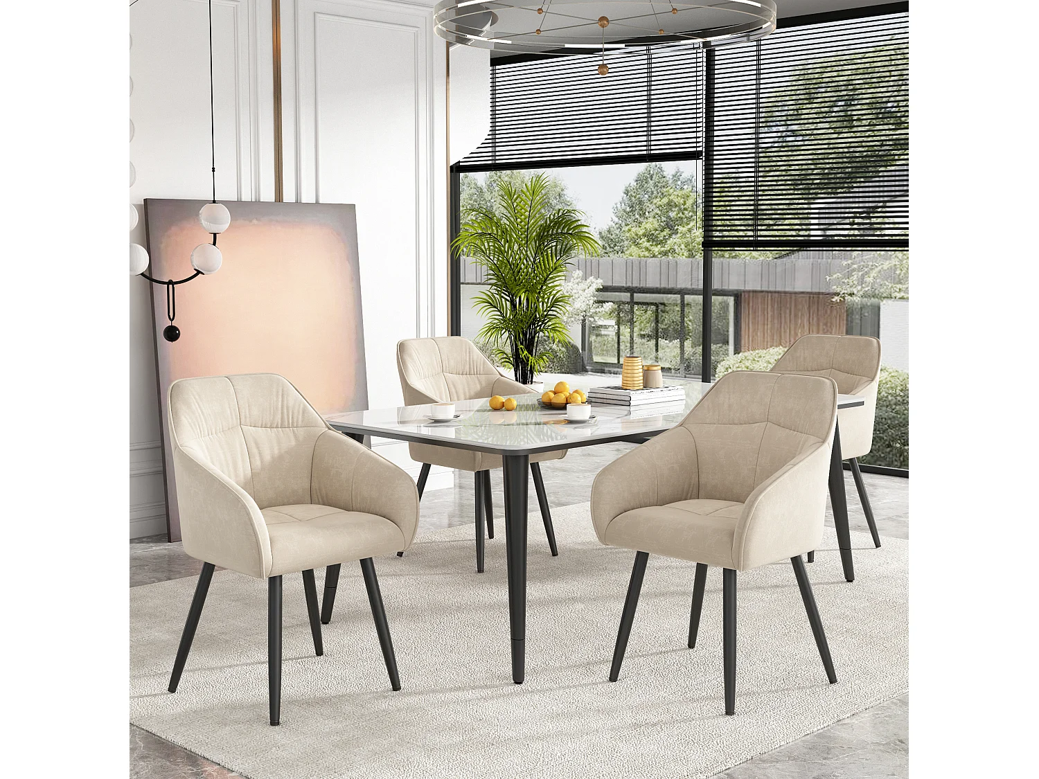 Lot de 4 chaises de salle à manger en velours - accoudoirs + pièds en métal - beige