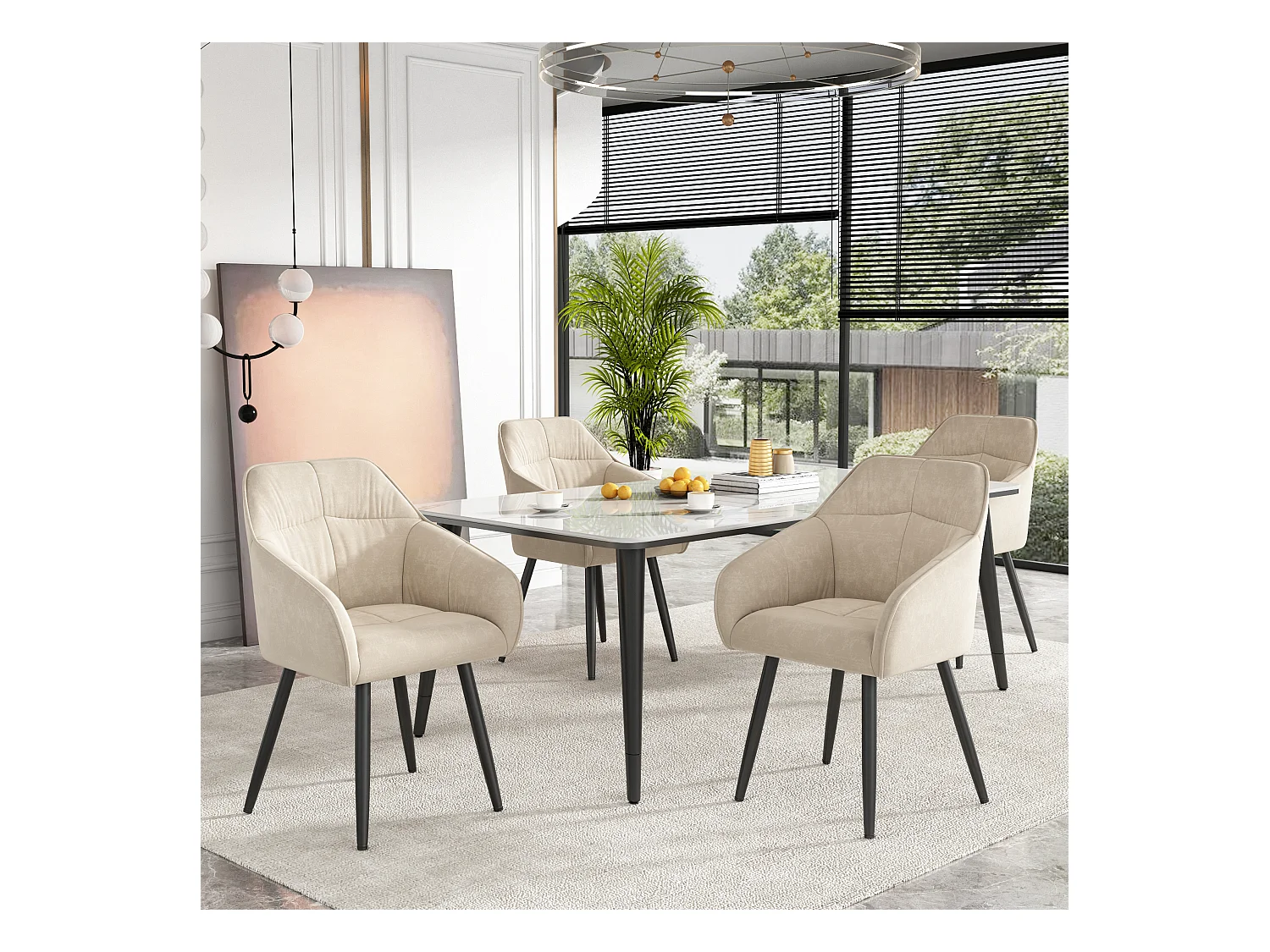 Set van 4 fluwelen eetkamerstoelen - armleuningen + metalen poten - beige