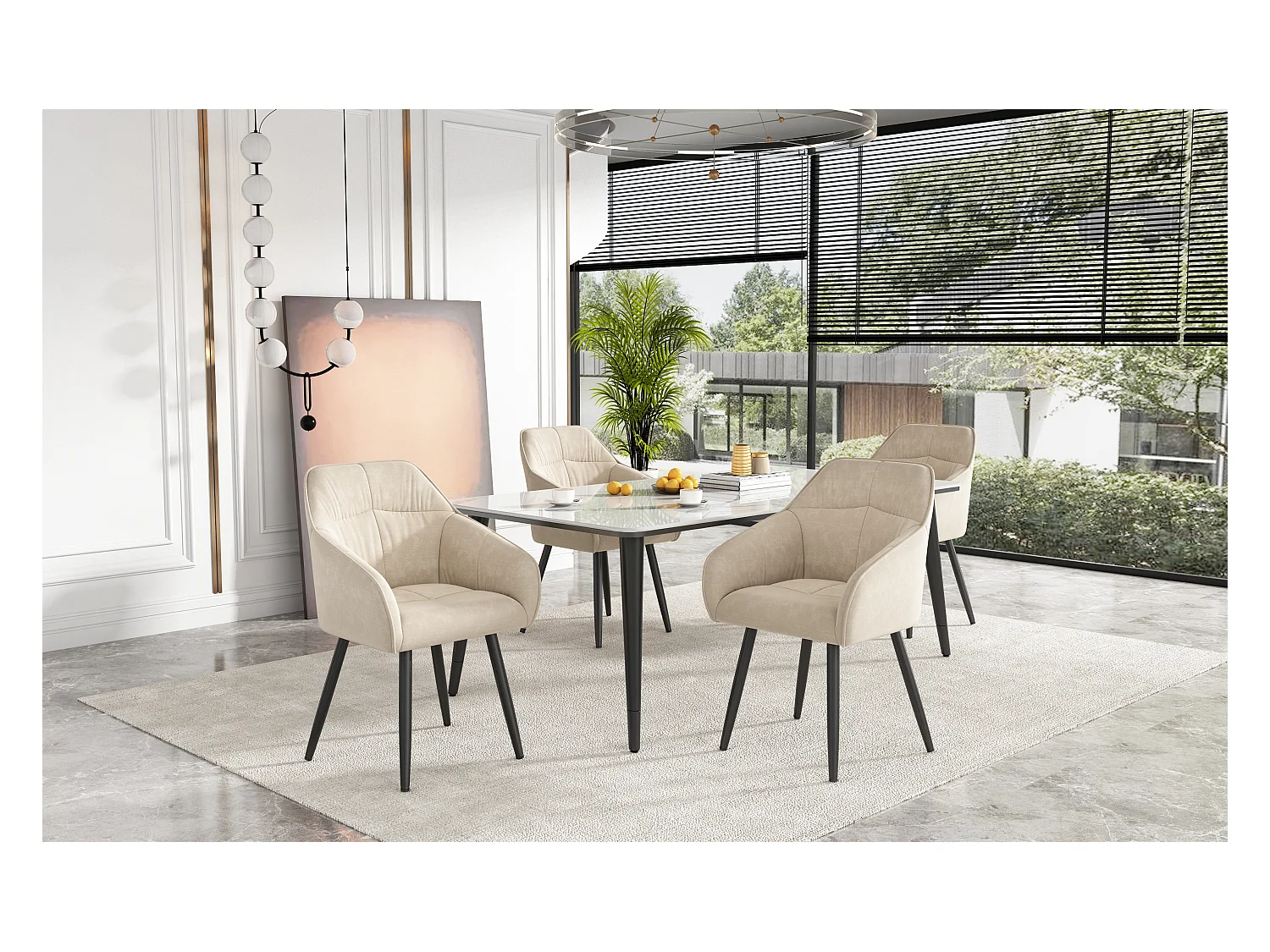 Set van 4 fluwelen eetkamerstoelen - armleuningen + metalen poten - beige