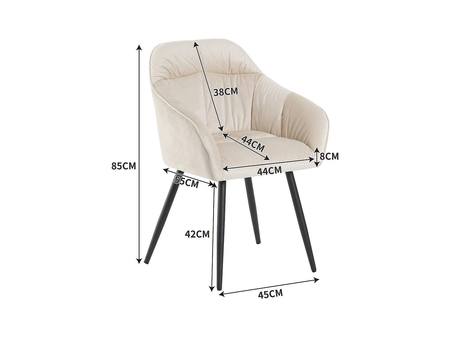 Set van 4 fluwelen eetkamerstoelen - armleuningen + metalen poten - beige