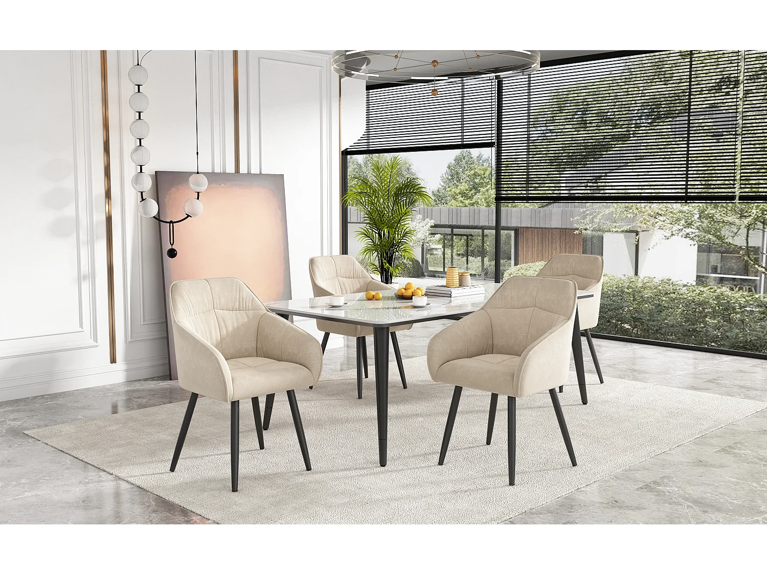 Lot de 4 chaises de salle à manger en velours - accoudoirs + pièds en métal - beige