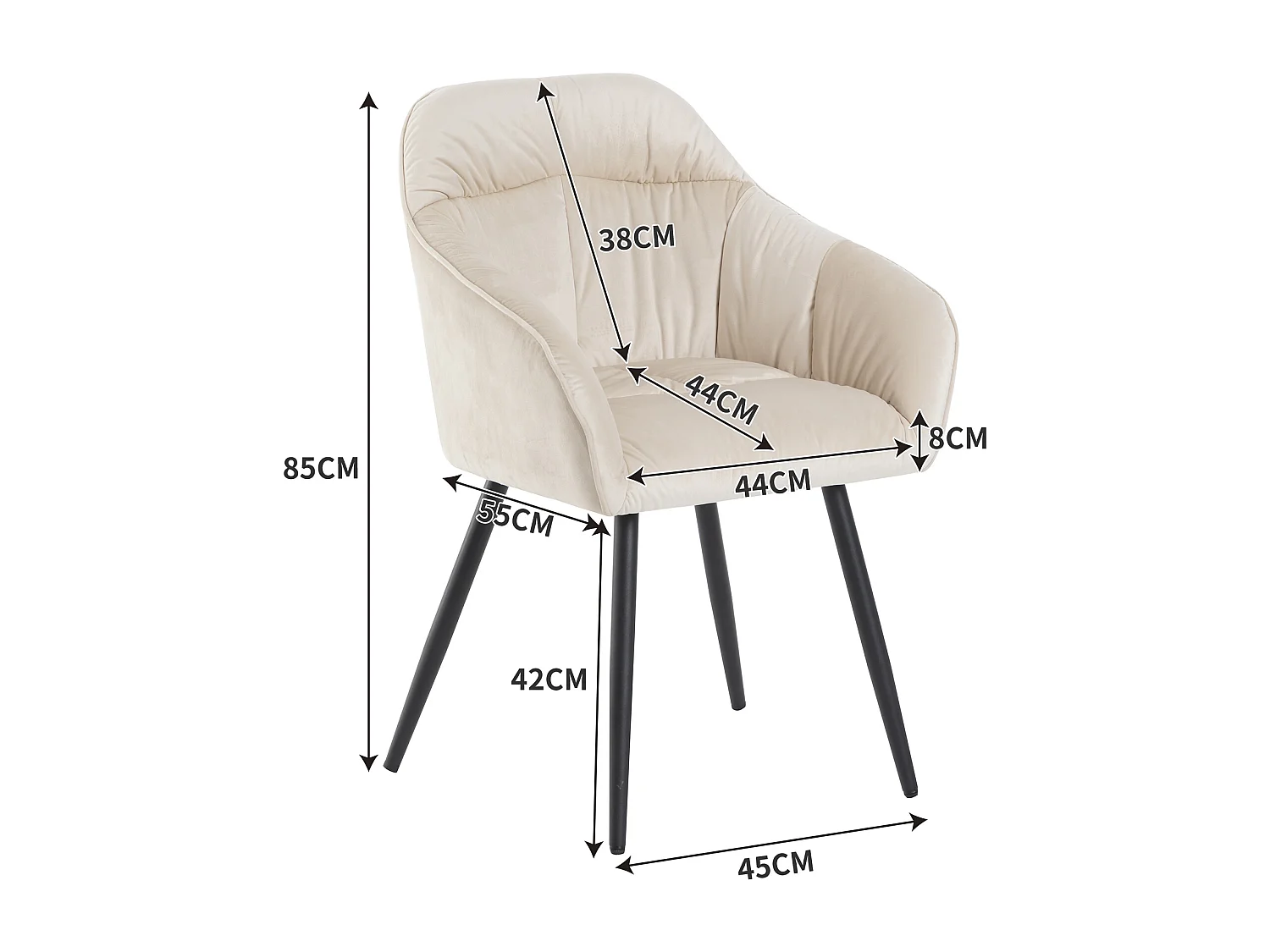Lot de 4 chaises de salle à manger en velours - accoudoirs + pièds en métal - beige