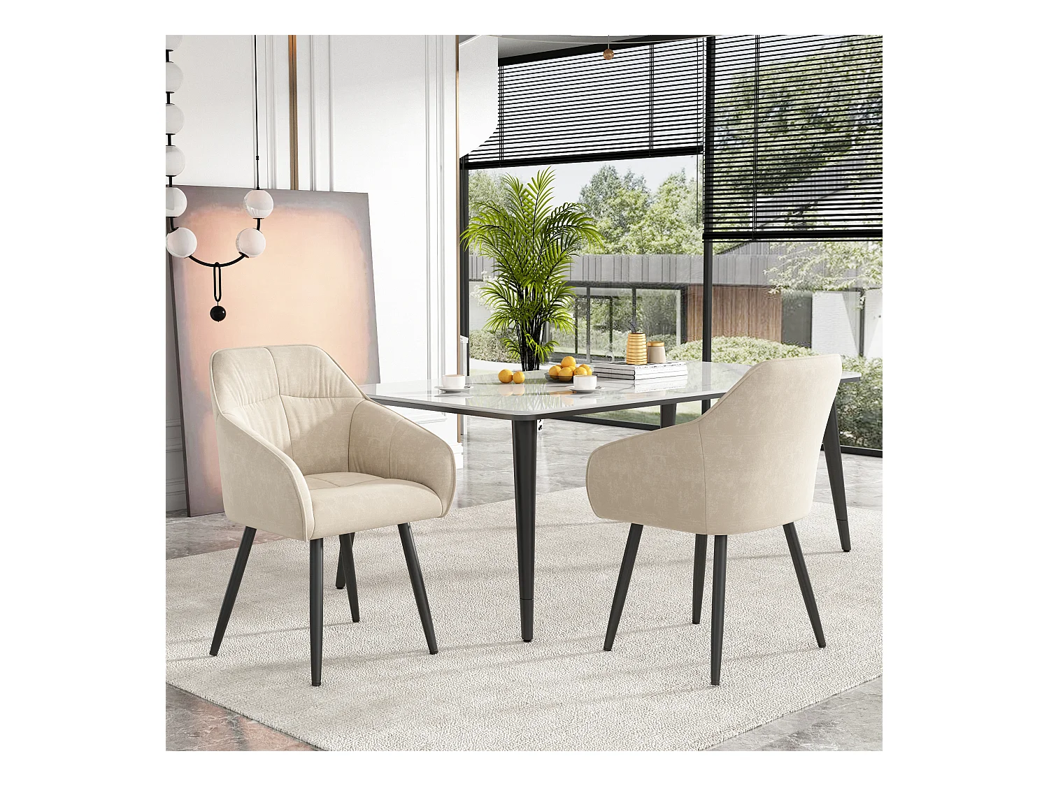 Lot de 2 chaises de salle à manger en velours - accoudoirs + pièds en métal - beige