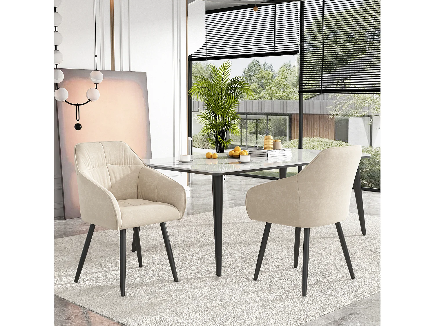 Lot de 2 chaises de salle à manger en velours - accoudoirs + pièds en métal - beige
