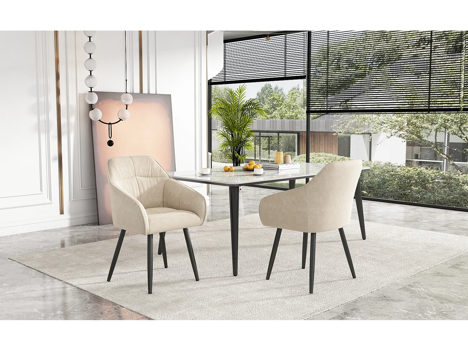Lot de 2 chaises de salle à manger en velours - accoudoirs + pièds en métal - beige