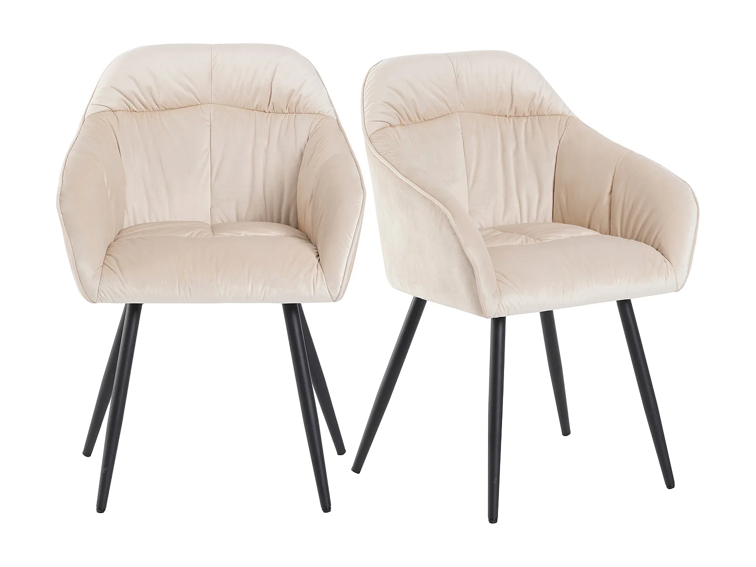 Lot de 2 chaises de salle à manger en velours - accoudoirs + pièds en métal - beige
