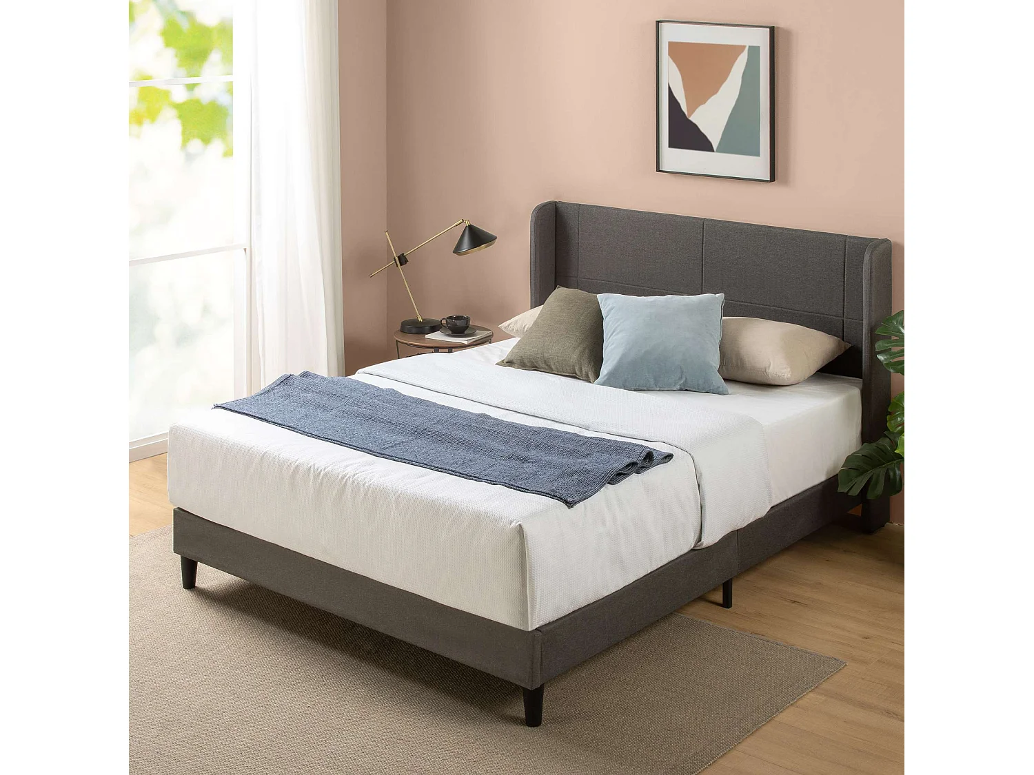 Zinus Sasha 180x200cm - Höhe 25 cm - Gepolstertes plattform-bettgestell mit wingback-kopfteil - Dunkelgrau