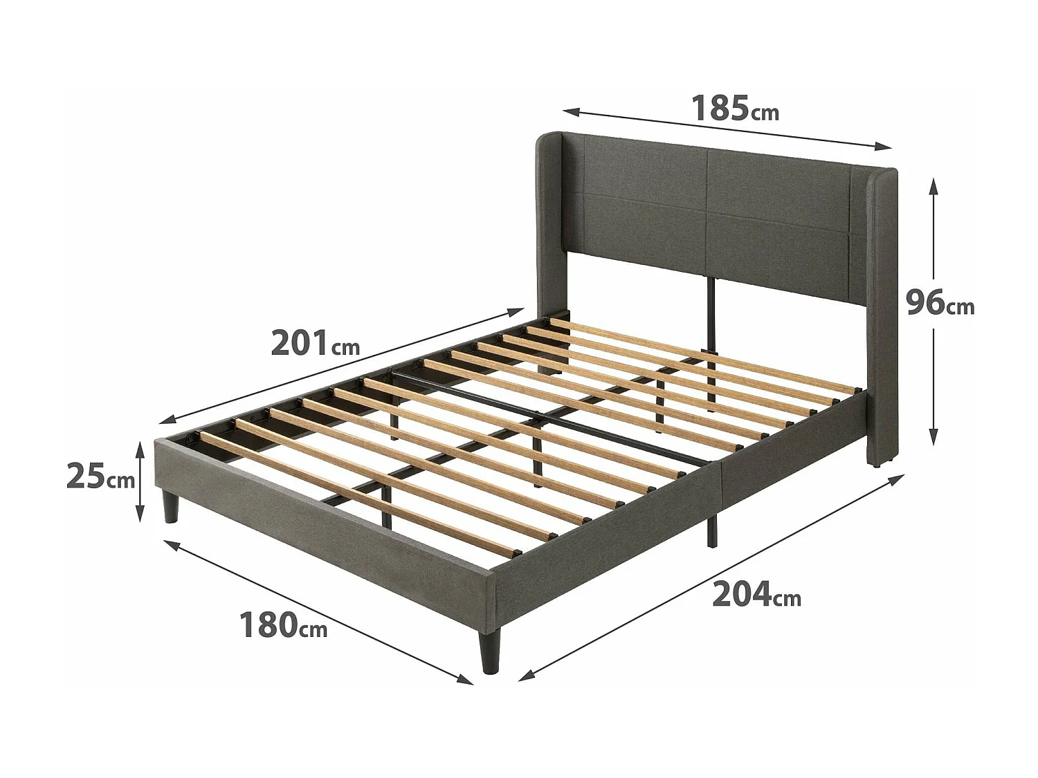 Zinus Sasha 180x200cm - Höhe 25 cm - Gepolstertes plattform-bettgestell mit wingback-kopfteil - Dunkelgrau