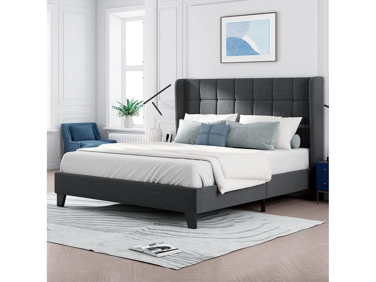 Letto adulto imbottito con testiera - 140 x 200 cm - tessuto di lino - grigio