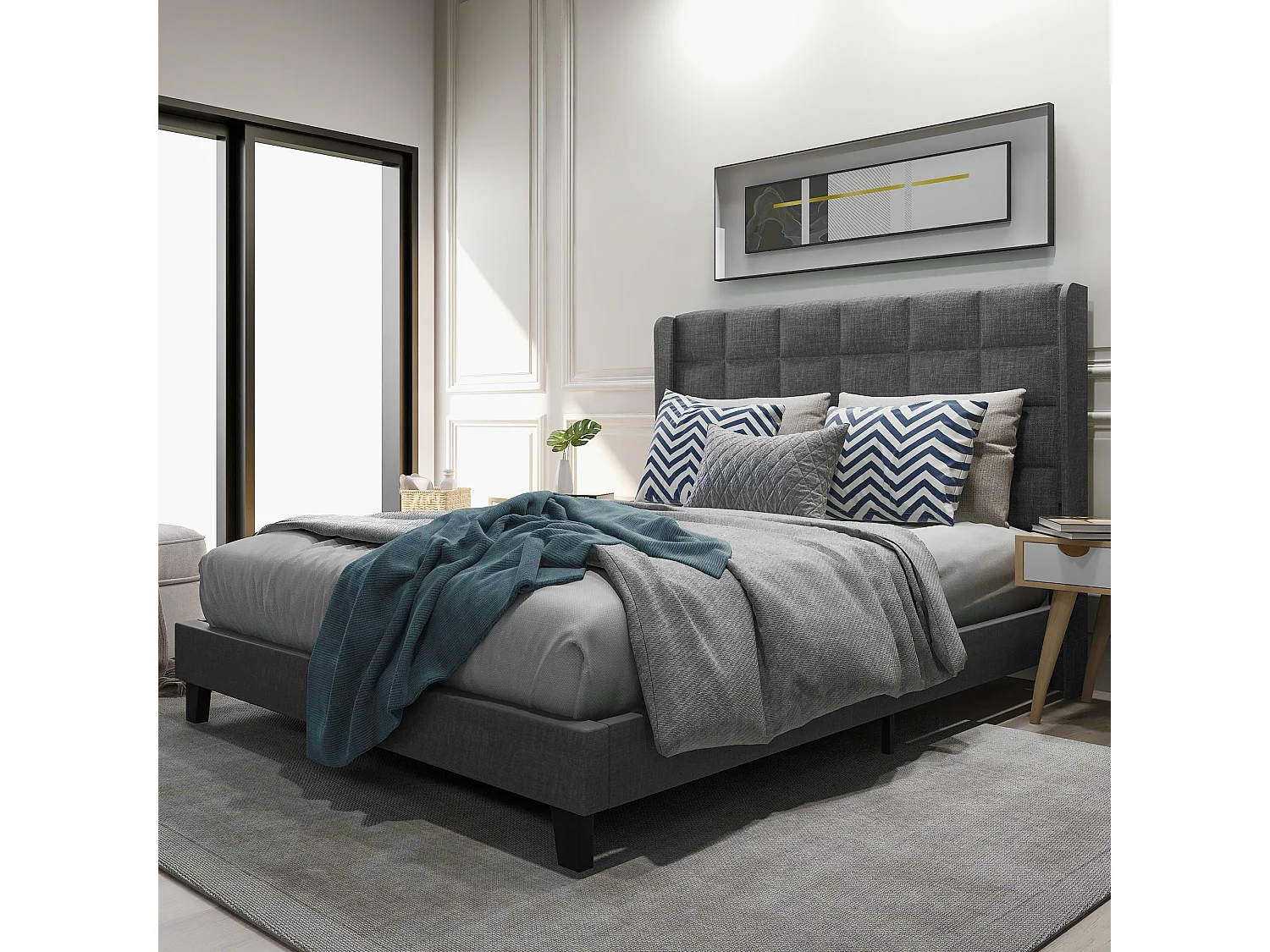 Letto adulto imbottito con testiera - 140 x 200 cm - tessuto di lino - grigio