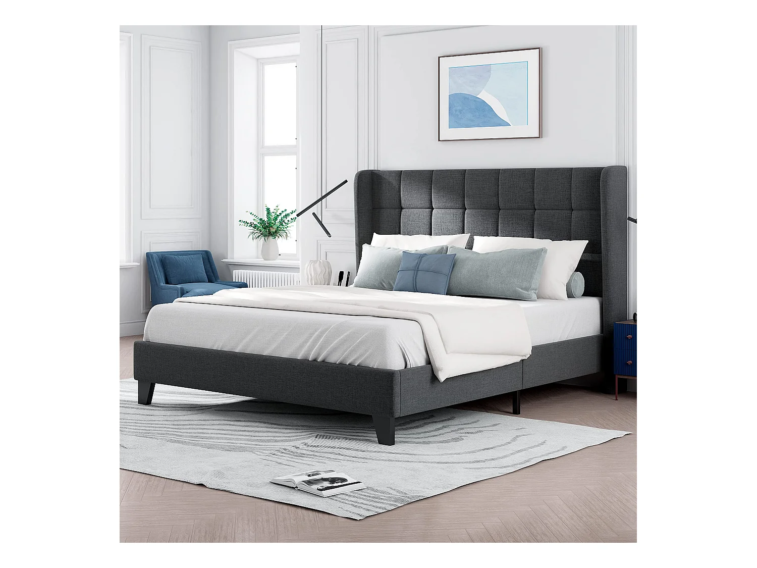Lit capitonné lit adulte avec tête de lit - 140 x 200 cm - tissu en lin - gris