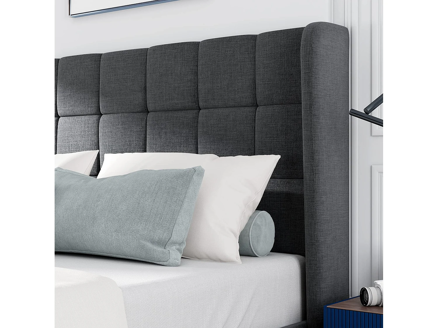 Gepolstertes Erwachsenenbett mit Kopfteil – 140 x 200 cm – Leinenstoff – Grau