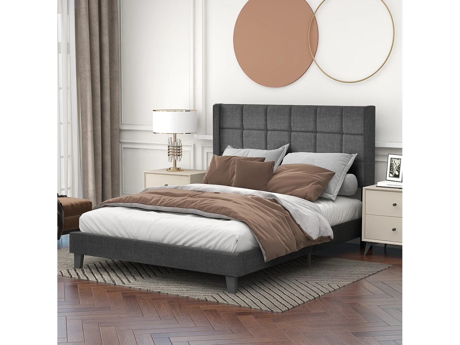 Gepolstertes Erwachsenenbett mit Kopfteil – 140 x 200 cm – Leinenstoff – Grau