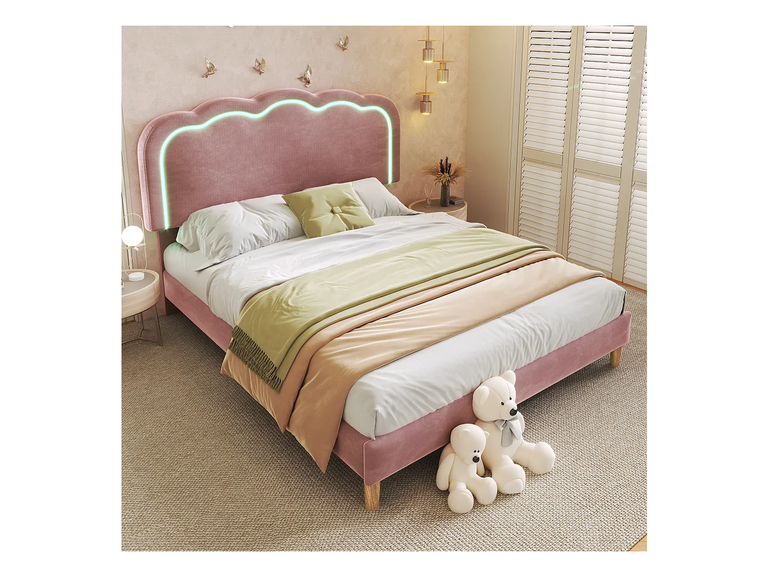 Lit capitonné 140 x 200 cm avec tête de lit réglable pour adulte - LEDs - velours - rose