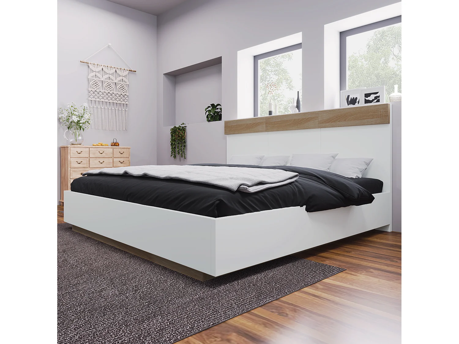 Lit double lit flottant en bois avec tête de lit - 180 x 200 cm - chêne Sonoma + blanc